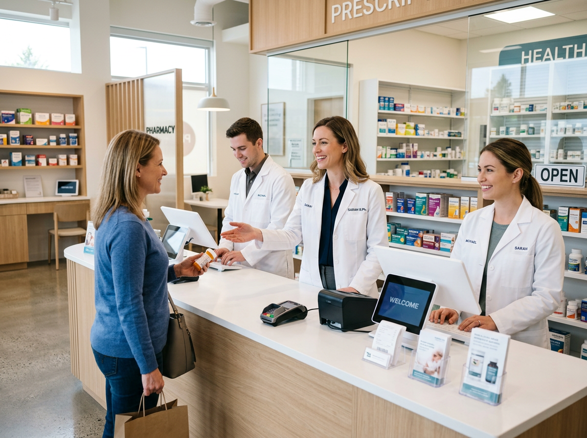 Pharmacy counter staff welcoming a patient